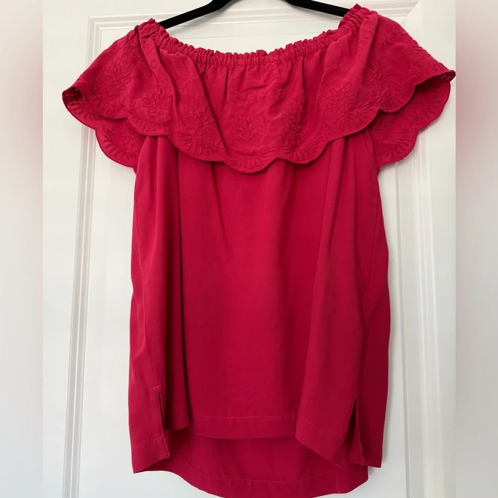 LOFT Fuchsia Off-Shoulder Embroidered Ruffle Tunic - Picture 4 of 5